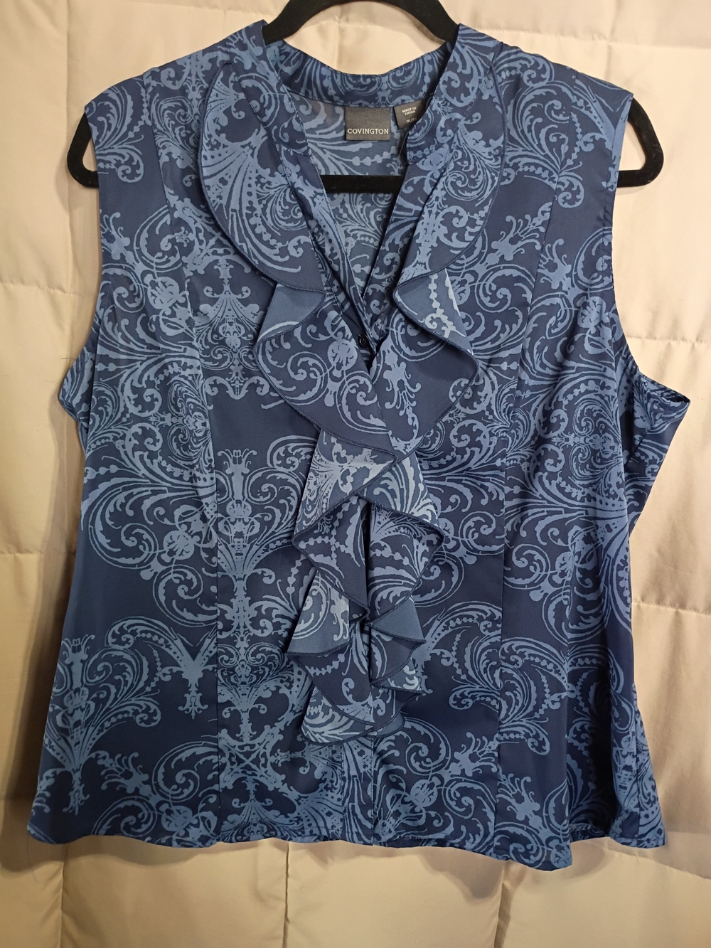Covington Blue Printed Ruffle Front Sleeveless Top